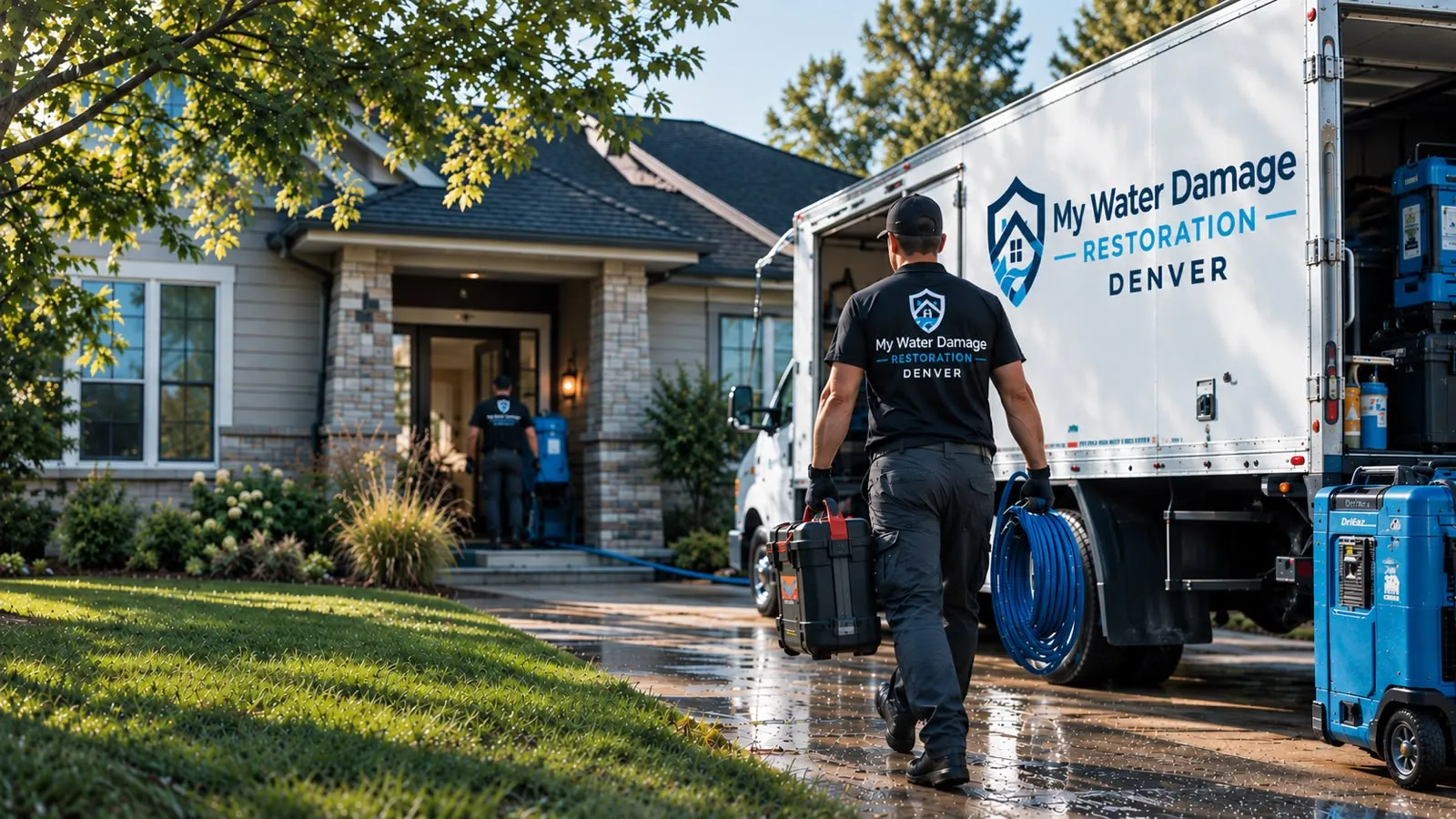 A restoration technician carrying an equipment case and a coiled hose up a wet driveway toward a house, box truck open behind him with drying equipment stacked at the tailgate