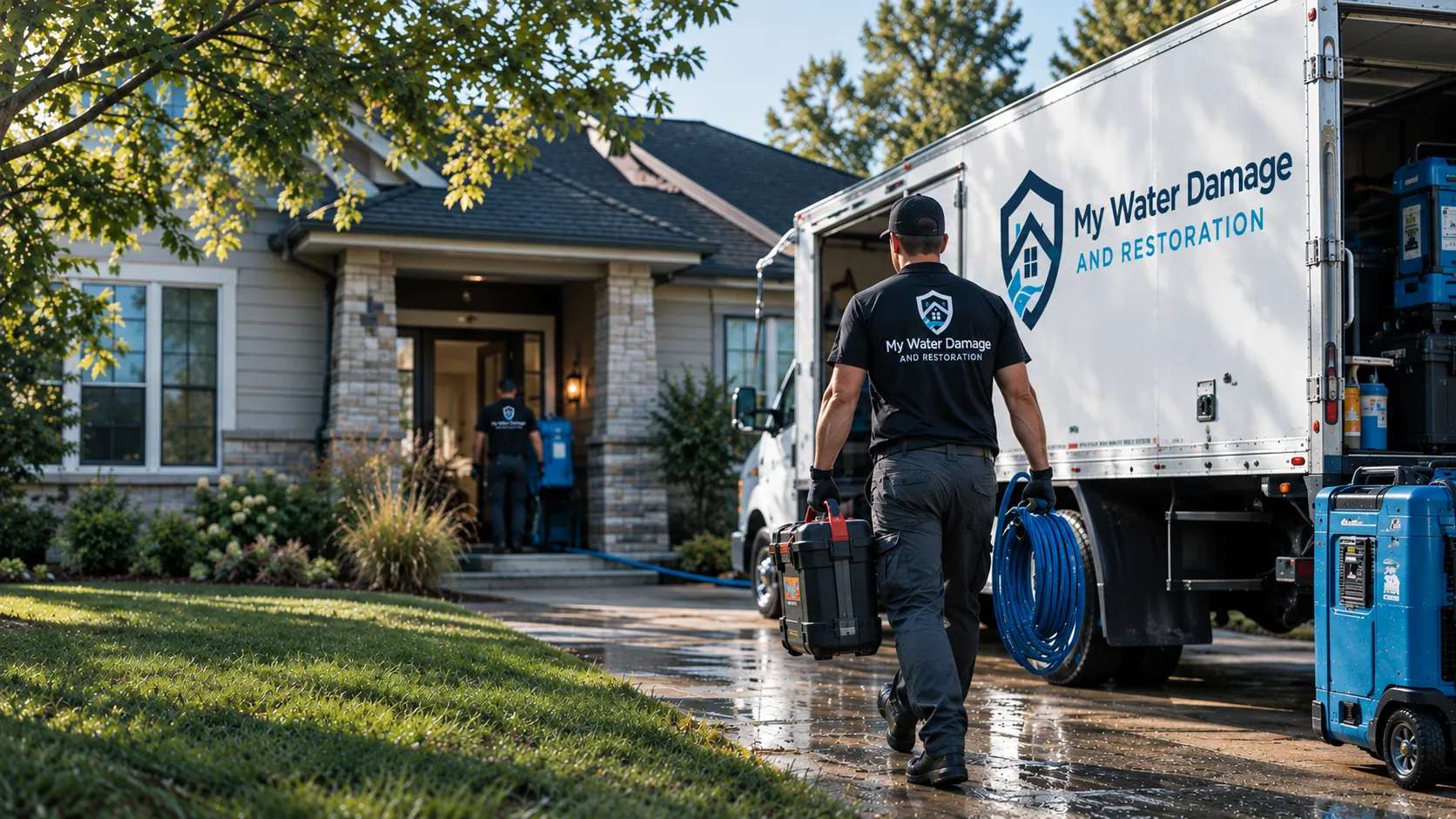 A restoration technician carrying an equipment case and a coiled hose up a wet driveway toward a house, box truck open behind him with drying equipment stacked at the tailgate