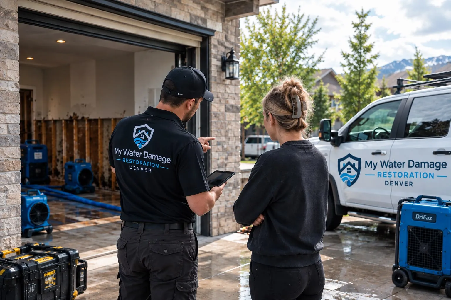 A restoration technician showing a homeowner a tablet outside an open garage with the wall behind them cut back to the studs, service van on the driveway